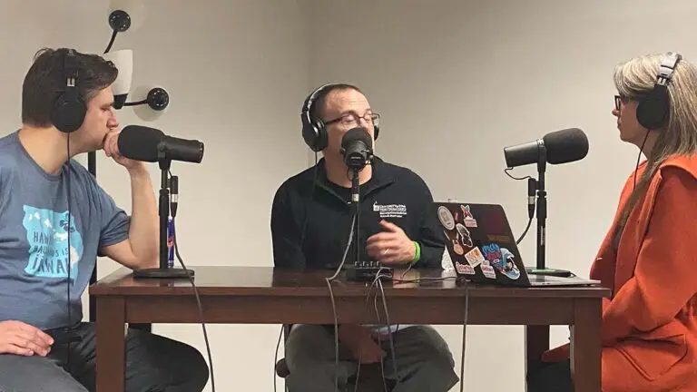 In the studio: Dr. Jennifer Murphy and Not-a-Doctor Rob Merritt listen attentively to Kyle Kuhlers, Web Programming and Cybersecurity Instructor with the Waterloo Career Center