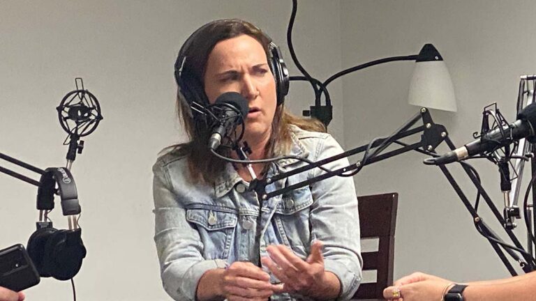 In the studio: Alissa Gardner, Founder of Farm to Health Organics, wears an inquisitive look as she answers a question posed by Dr. Jennifer Murphy.