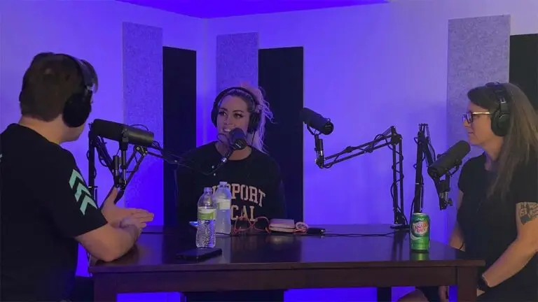 In the studio: Iowa native rock star and entrepreneur Alisabeth Von Presley wears a look of happy bewilderment as Rob Merritt shares a personal story. Dr. Murphy smiles and listens, too.