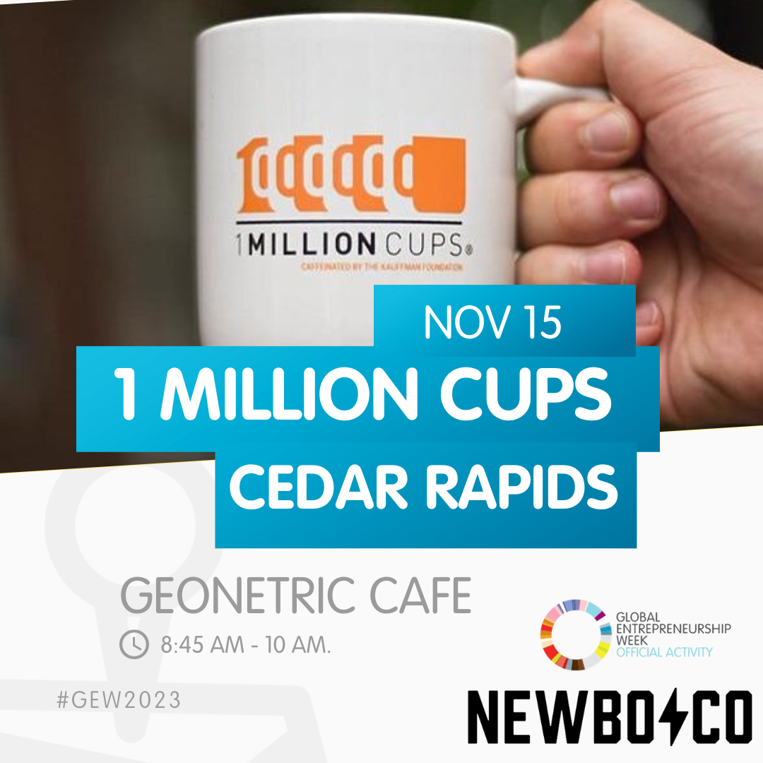 Infographic with a white hand holding a cup with orange lettering 1MCCR. Information is in a blue text box with white letter Nov. 15, 1 Million Cups Cedar Rapids.