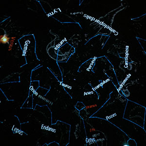 Stellar constellations mapped out and labeled as if viewed from inside a StarLab portable planetarium.